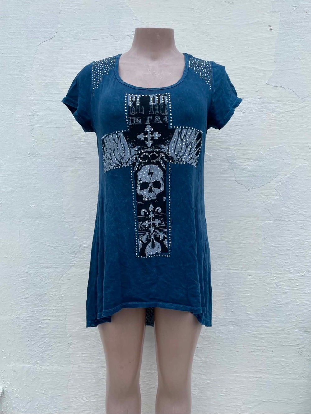 Vocal Teal Studded Cross & Skull Short-Sleeve Tunic